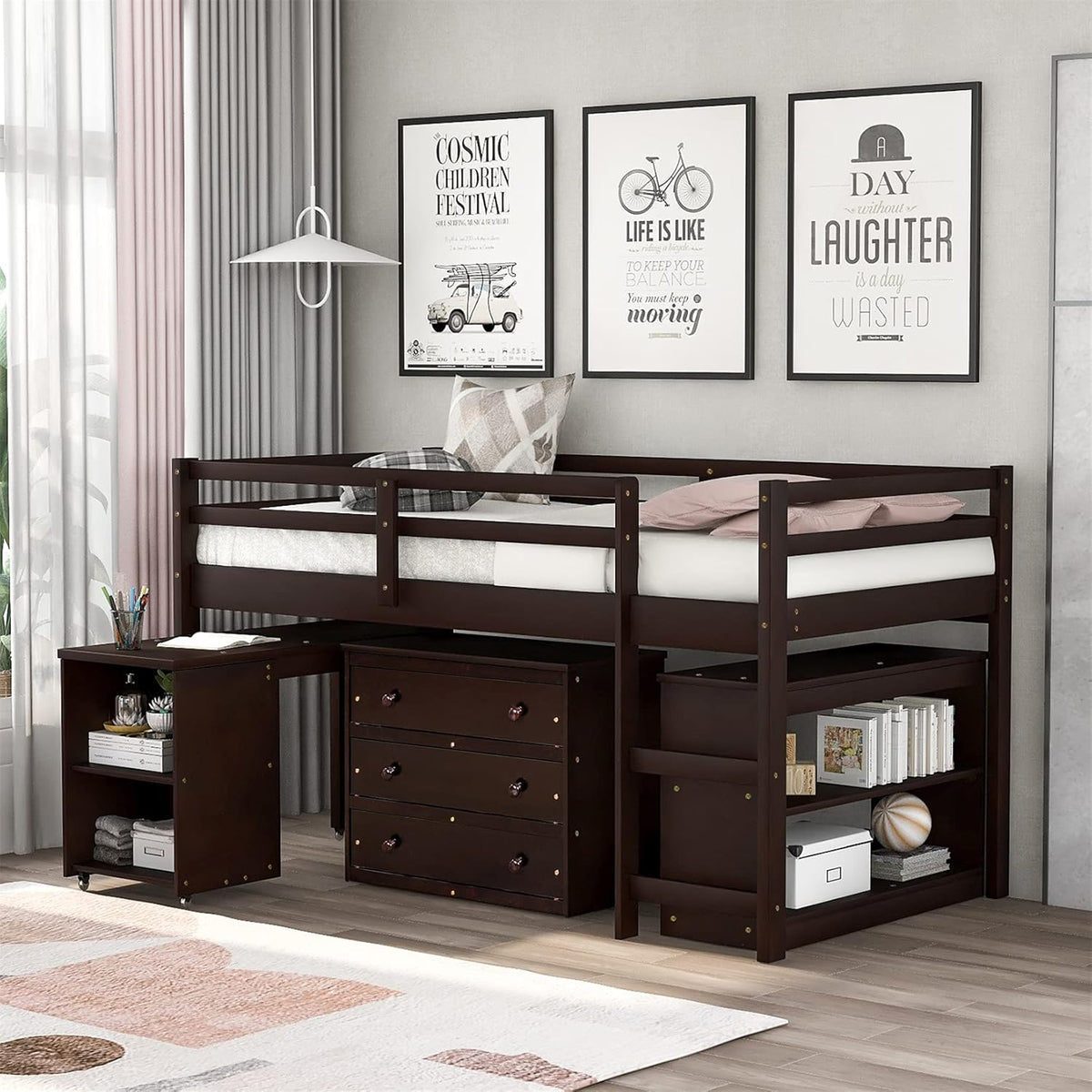 White Wood Twin Loft Bed with Storage Drawers R83058