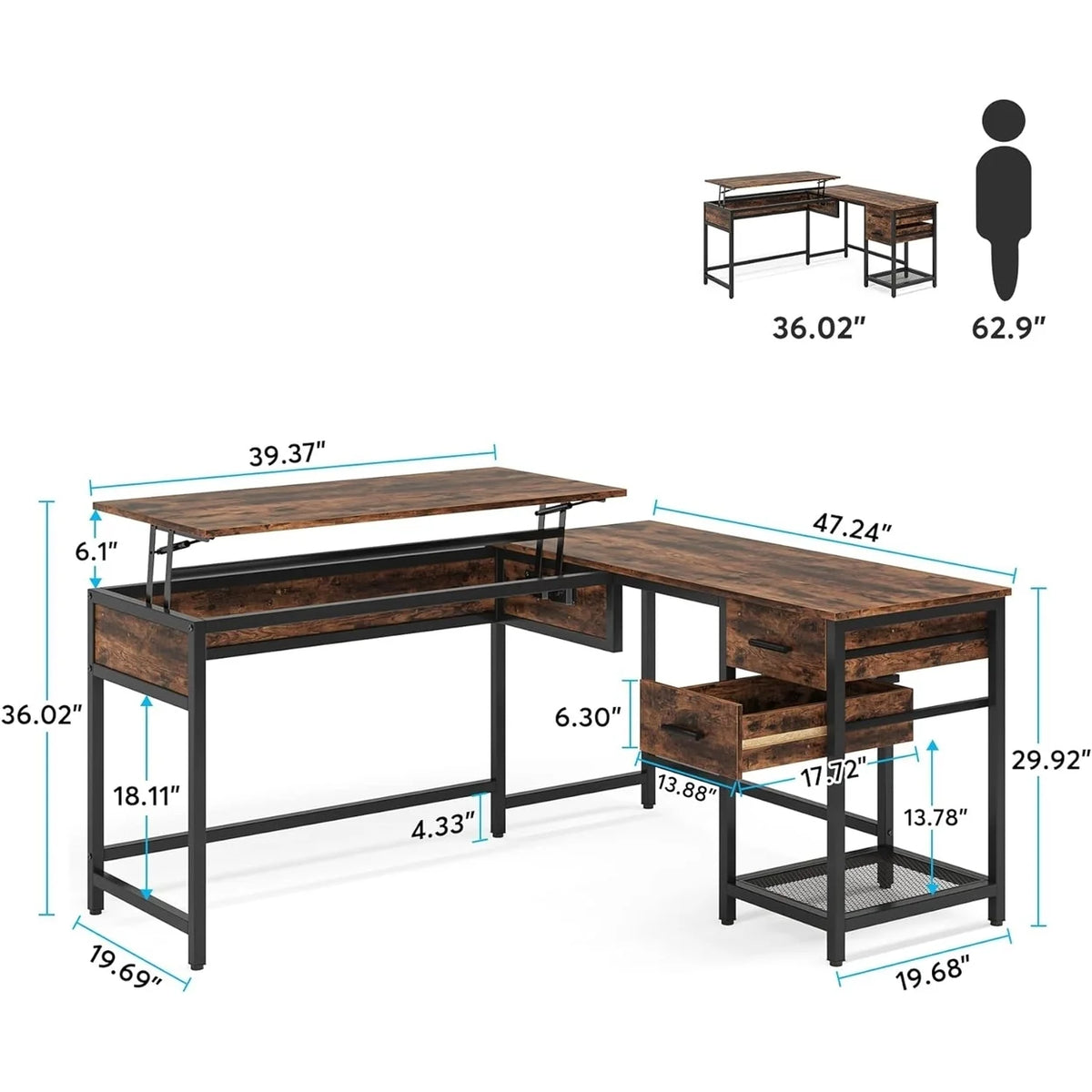 L-Shaped 59" Computer Desk with Drawers Corner Desk with Lift Top S144