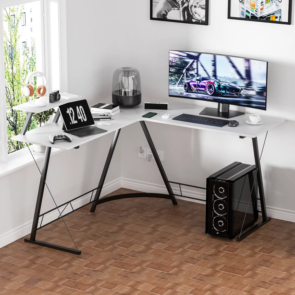 White L Shaped Corner Gaming Desk with Monitor Stand D290