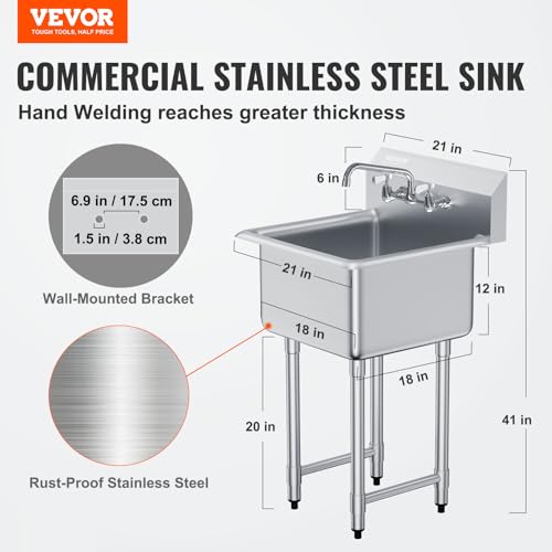 Stainless Steel 1 Compartment Free Standing Small Sink with Faucet & Legs, 21"x18" Single Bowl Sink X6048
