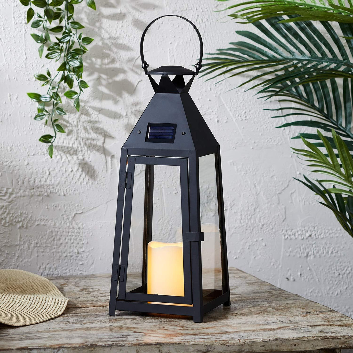 15.5” Black Metal Solar Powered LED Outdoor Lantern Z265315