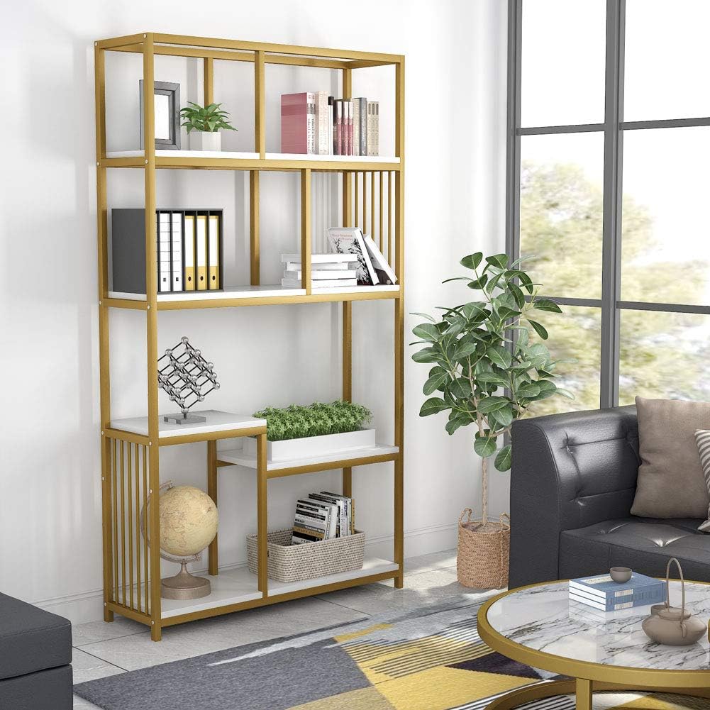 7-Open Shelf Etagere Bookcase with Gold Metal Frame E1497