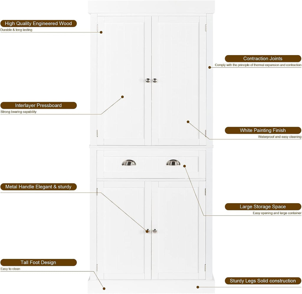 White 72" Tall Wood Pantry Cabinet with Doors and Shelves H6459