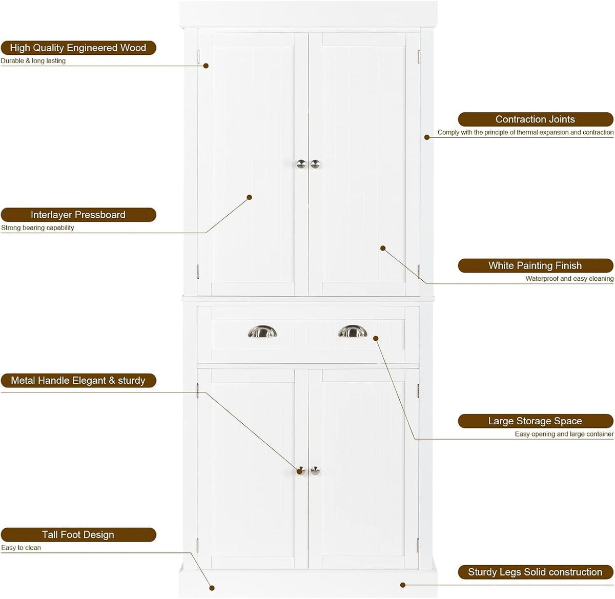 White 72" Tall Wood Pantry Cabinet with Doors and Shelves H6459