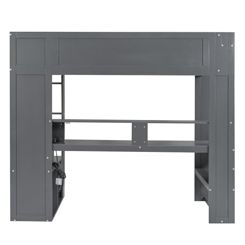 Dark Gray Wood Twin Size Gaming Loft Bed with Desk and Shelves Q7850