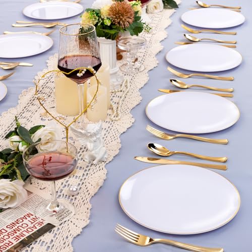 50 Pcs Gold Rim White Plastic Dinner Plates Y8231