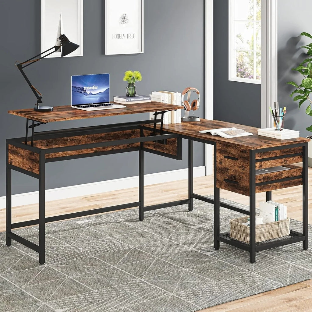 L-Shaped 59" Computer Desk with Drawers Corner Desk with Lift Top S144