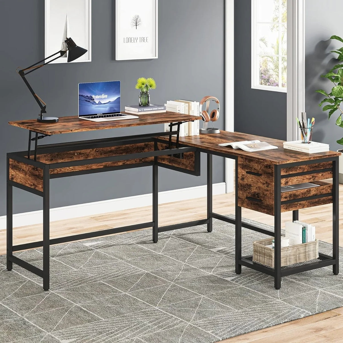 L-Shaped 59" Computer Desk with Drawers Corner Desk with Lift Top S144