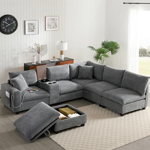 Oversized Modular Sectional Sofa with Storage Ottoman and Console, Gray S785079