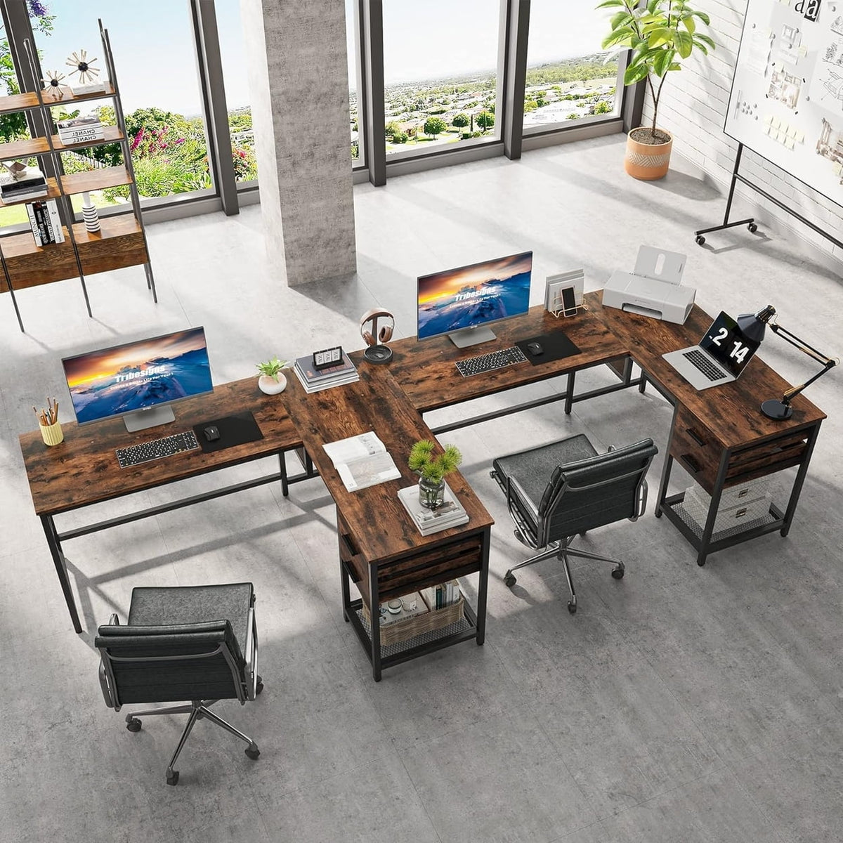 L-Shaped 59" Computer Desk with Drawers Corner Desk with Lift Top S144