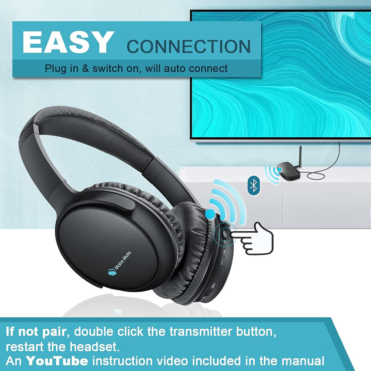 Wireless Headphones with Optical Bluetooth Transmitter, up to 165ft Range, Black Y68786