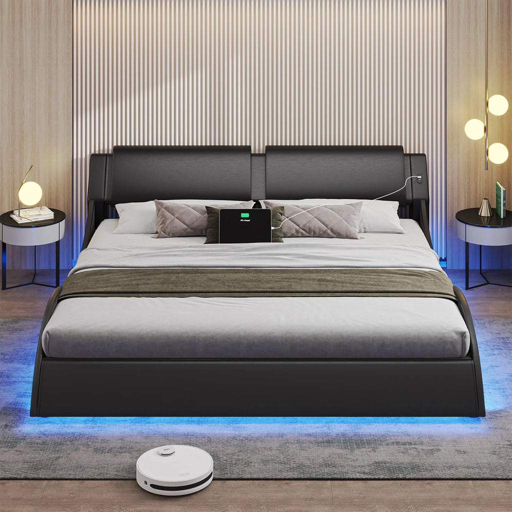 Queen Upholstered Led Bed Frame Faux PU Leather Black White T65042
