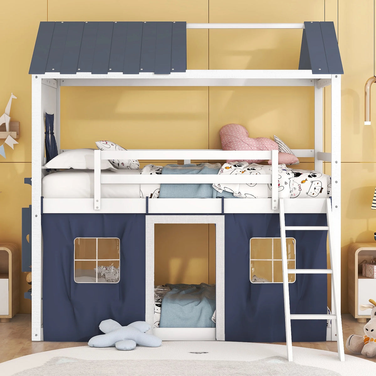 Twin Size Bunk Wood House Bed with Tent K322075