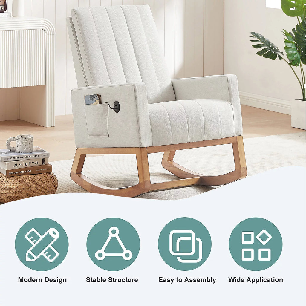 Mid-Century Rocking Nursery Chair with USB Ports and Storage Pockets Y4795