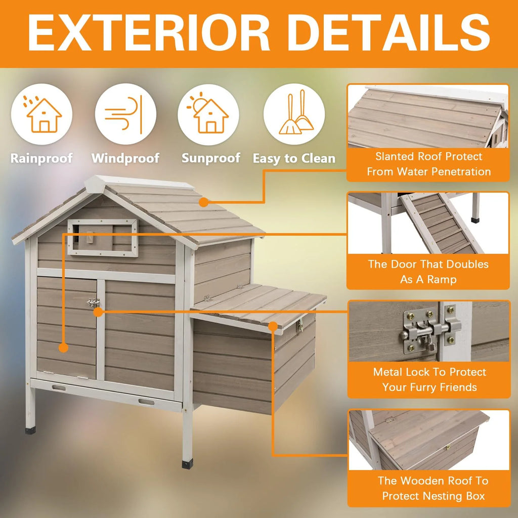 Grey Wooden Chicken Coop with Nesting Box and Ramp E92544