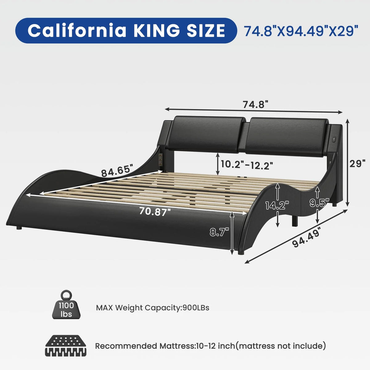 Queen Upholstered Led Bed Frame Faux PU Leather Black White T65042