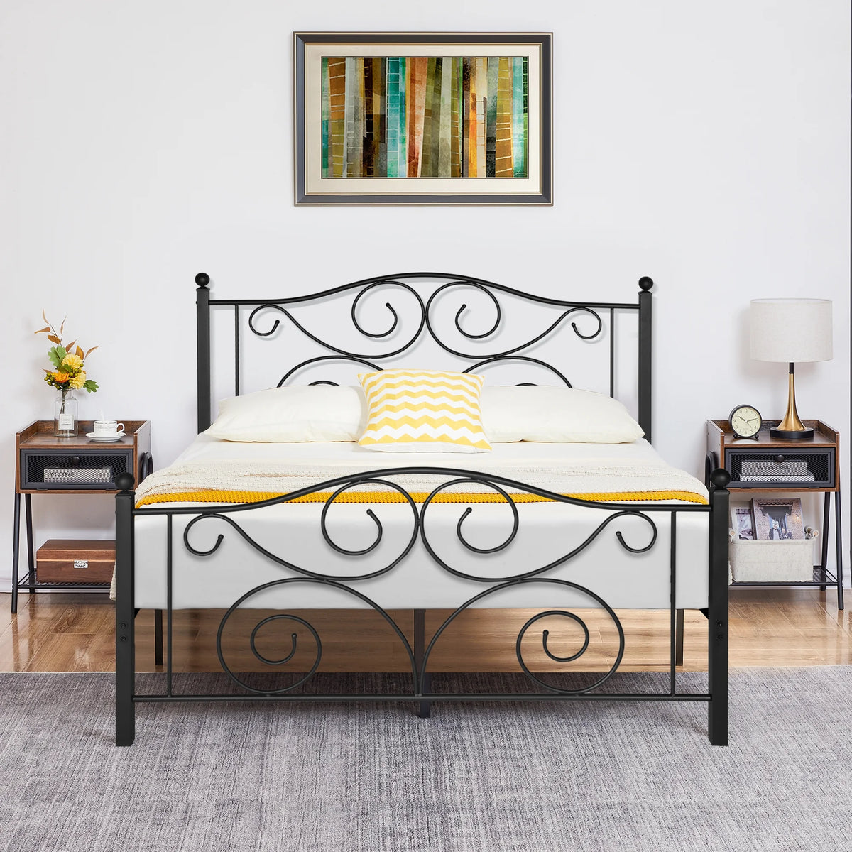 Metal Platform Bed Frame with Victorian Headboard and Footboard, Full Size, Black M718