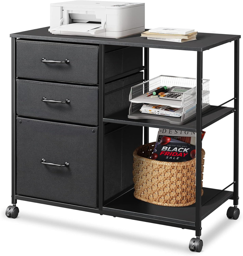 Black 3 Drawer Mobile File Cabinet with Open Storage Shelf Q352
