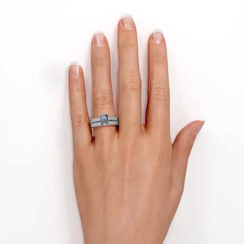 1 Carat Princess Cut Gray Salt and Pepper Diamond Bridal Set in 18K White Gold Plating over Silver D8461