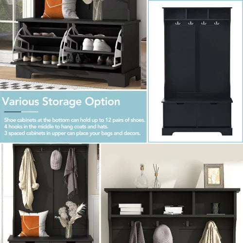 Wood Hall Tree with 2 Flip Shoe Storage Drawers and Storage Bench M349