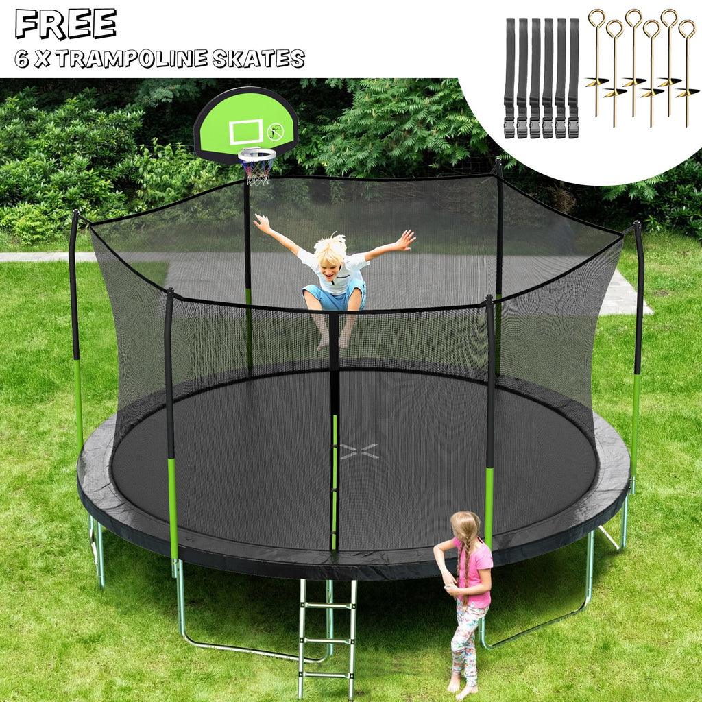 14FT Outdoor Trampoline with Basketball Hoop, Safety Enclosure Net and Ladder K3957