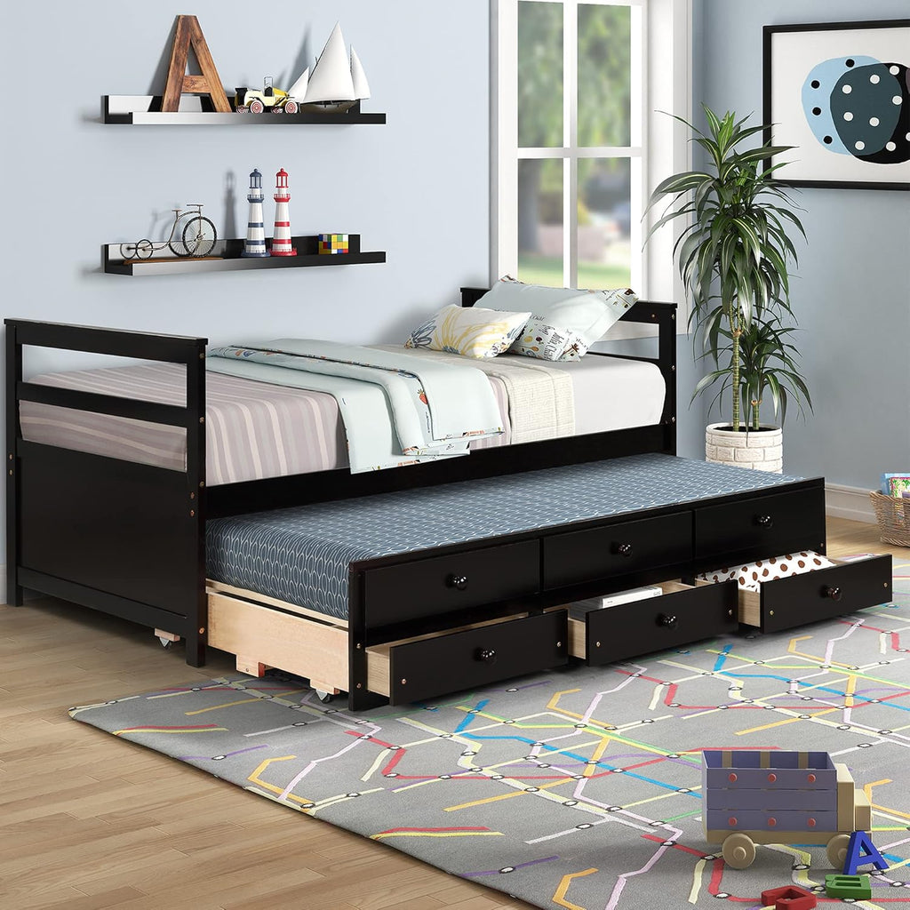 Twin Wood Platform Daybed Frame with Trundle and 3 Storage Drawers O85522