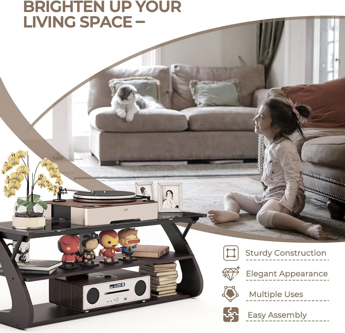Dark Brown 3-Tier TV Stand with Glass Top Z73000
