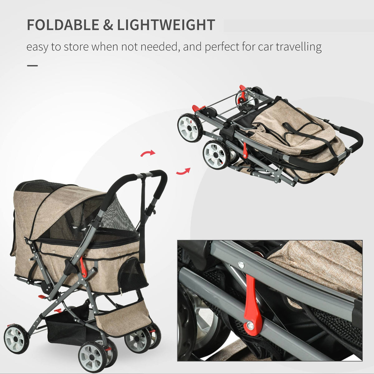 Foldable Pet Stroller with Reversible Handle Basket Storage Bag 3-Stage Canopy Zippered Mesh F5696