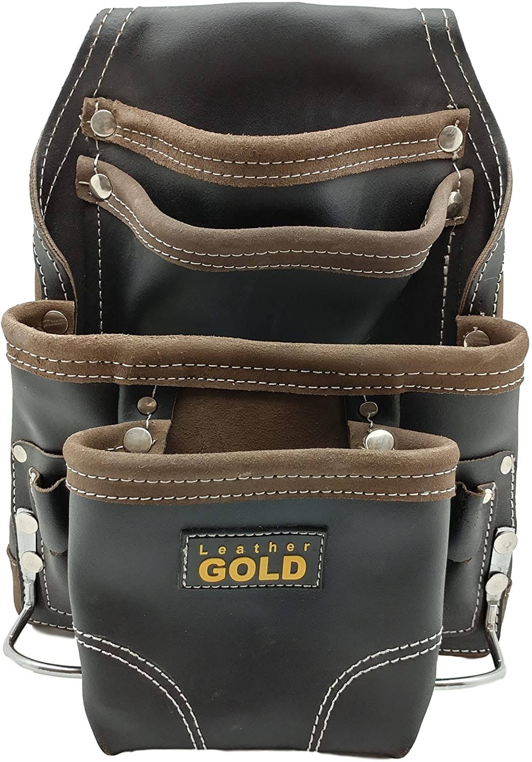 Black Oil-Tanned Heavy Duty Tool Pouch with 10 Pockets and 2 Hammer Holders D146