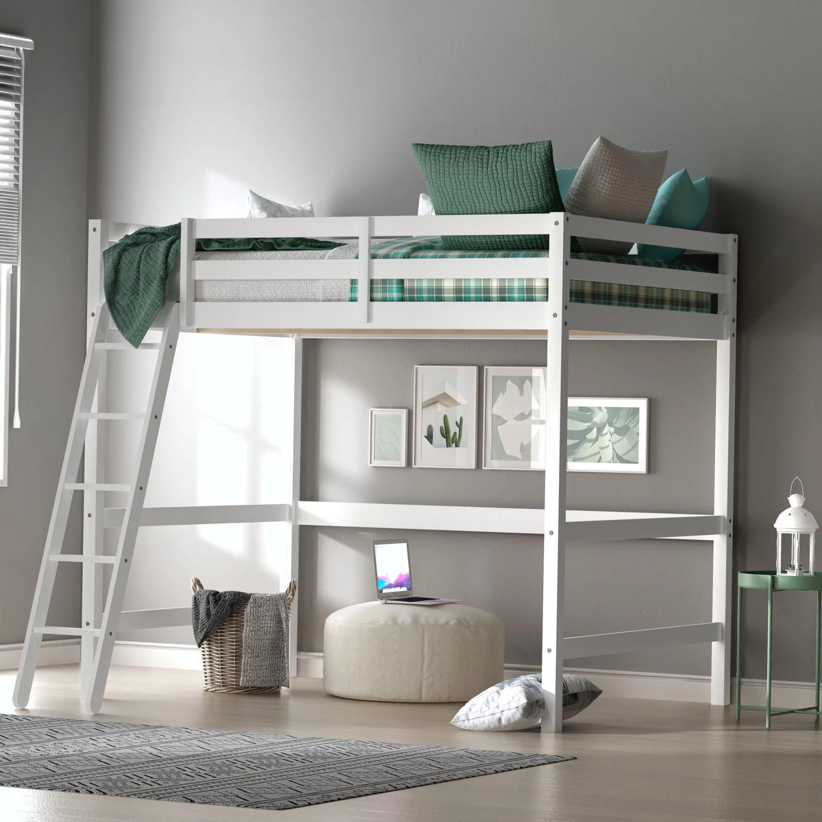 White Wood Full Loft Bunk Bed with Ladder M639