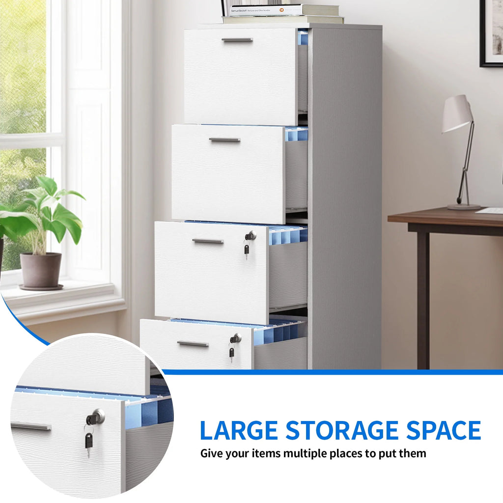 4 Drawer White Wood File Cabinet with Lock T345392