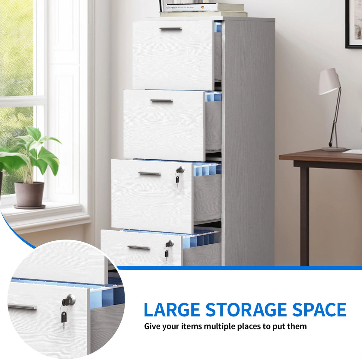 4 Drawer White Wood File Cabinet with Lock T345392