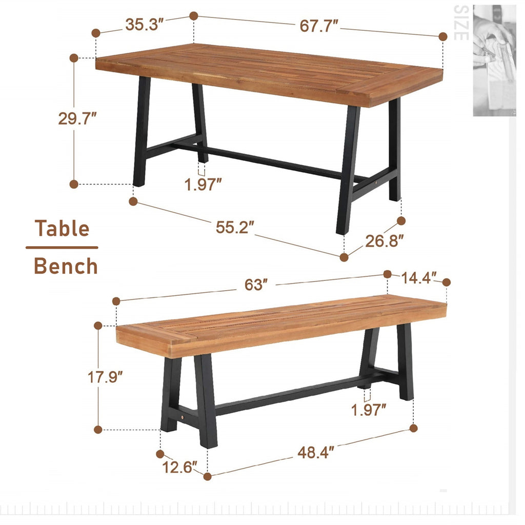 6-Piece Outdoor Dining Set with Acacia Wood Table, Bench and Wicker Chairs with Cushions C7012