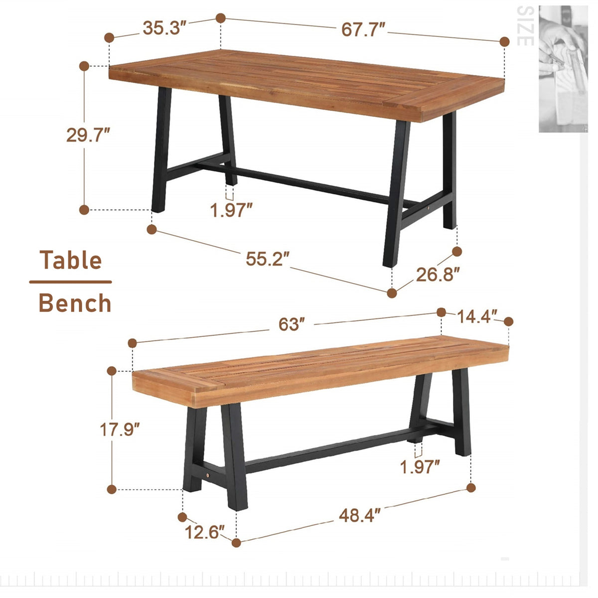 6-Piece Outdoor Dining Set with Acacia Wood Table, Bench and Wicker Chairs with Cushions C7012