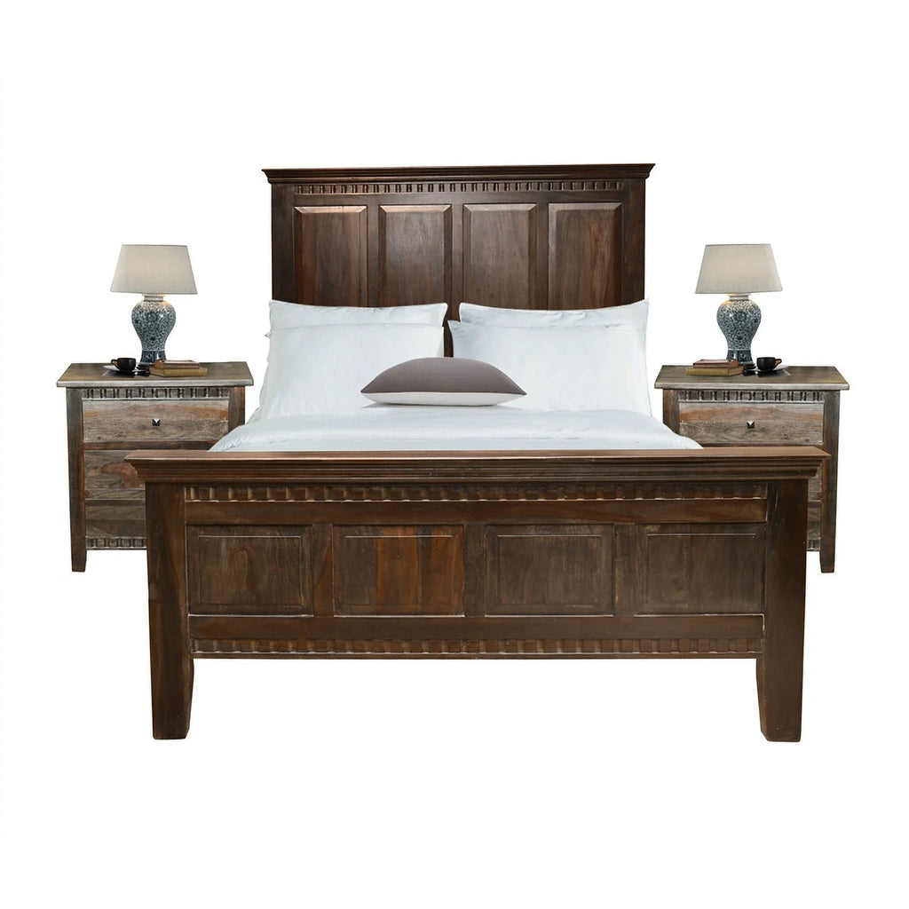 Solid Wood Queen Panel Bed Dark Brown R8739