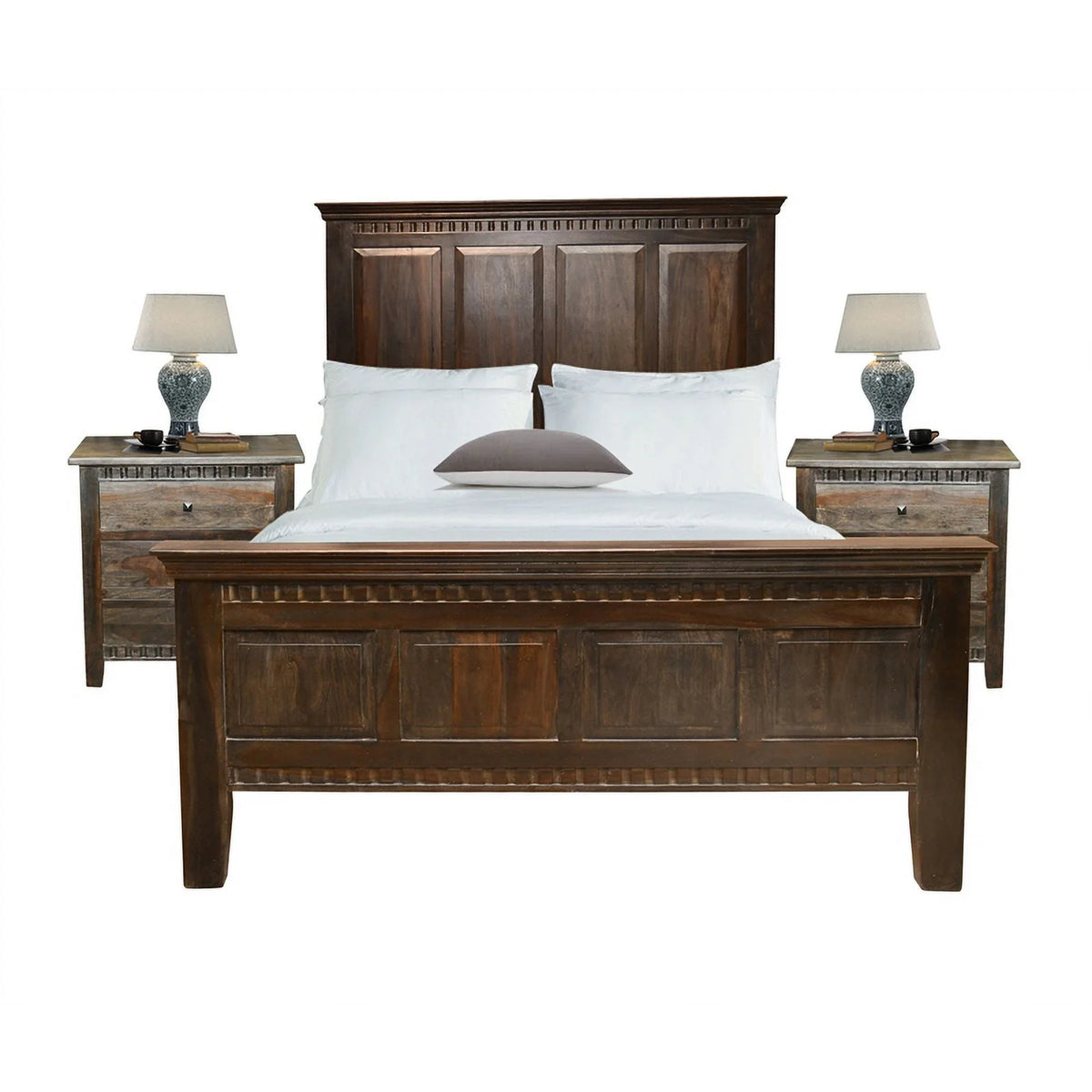 Solid Wood Queen Panel Bed Dark Brown R8739