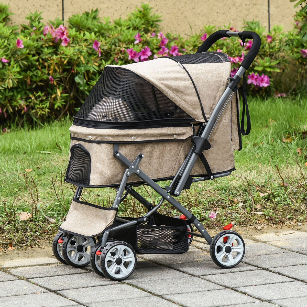 Foldable Pet Stroller with Reversible Handle Basket Storage Bag 3-Stage Canopy Zippered Mesh F5696
