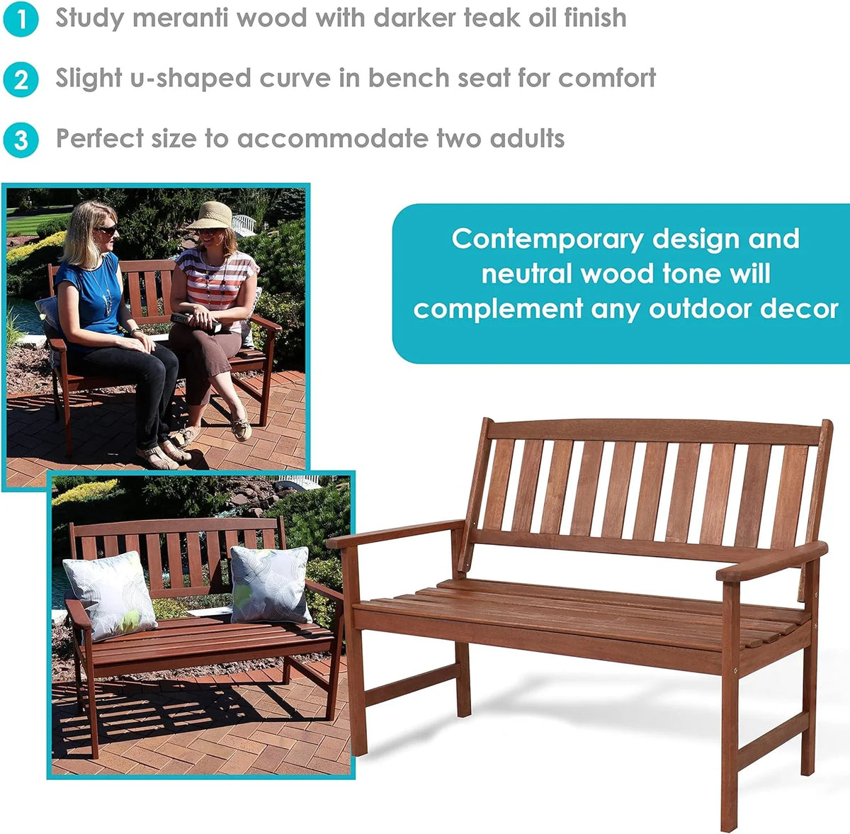 Meranti Wood 2-Seat Outdoor Garden Bench D311796