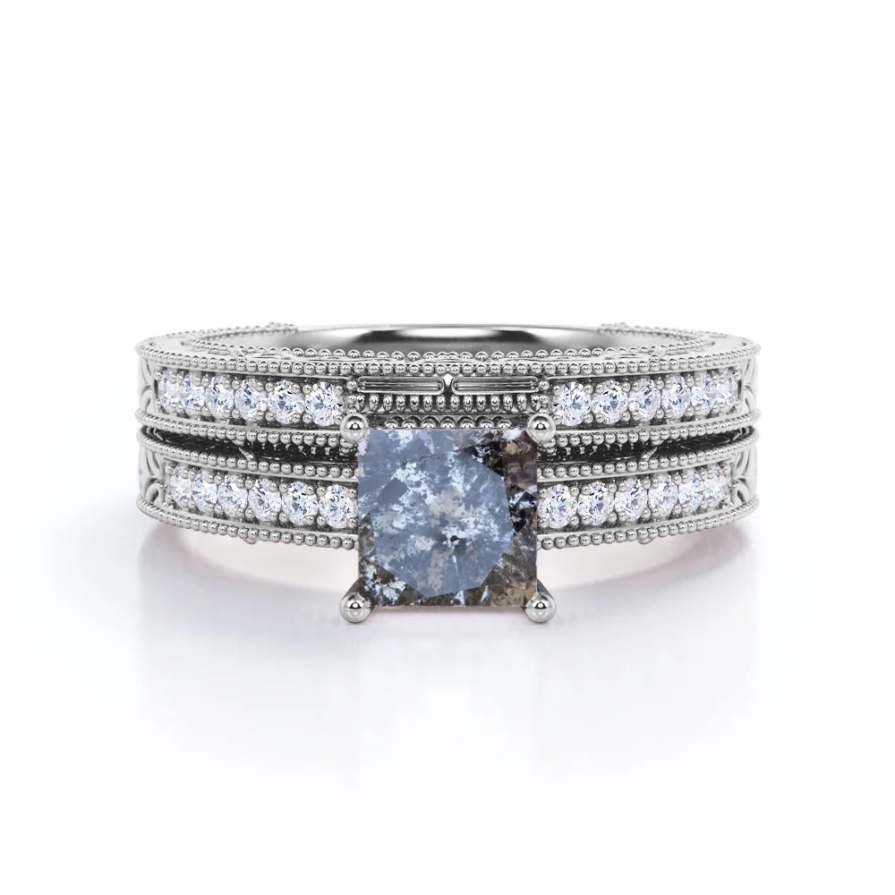 1 Carat Princess Cut Gray Salt and Pepper Diamond Bridal Set in 18K White Gold Plating over Silver D8461