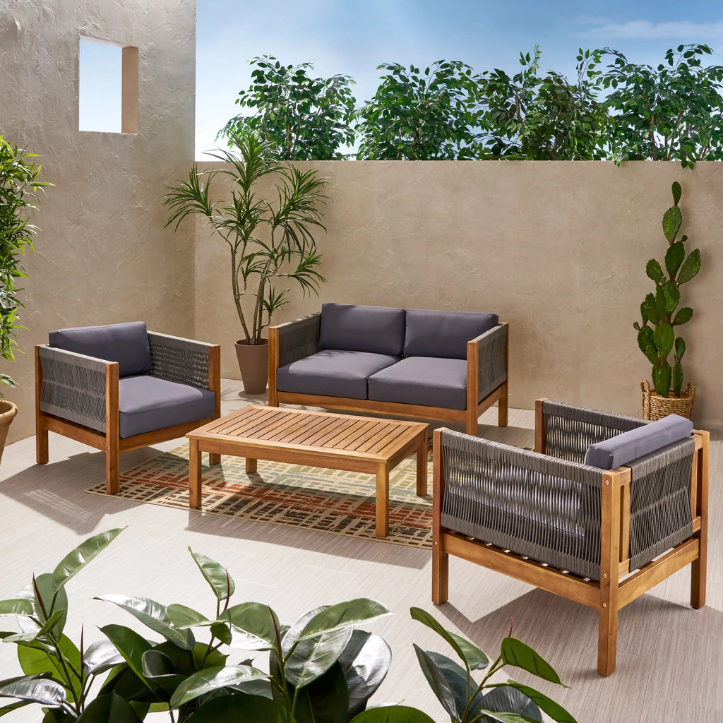 Acacia Wood and Rope 4 Seater Chat Set with Cushions V39353