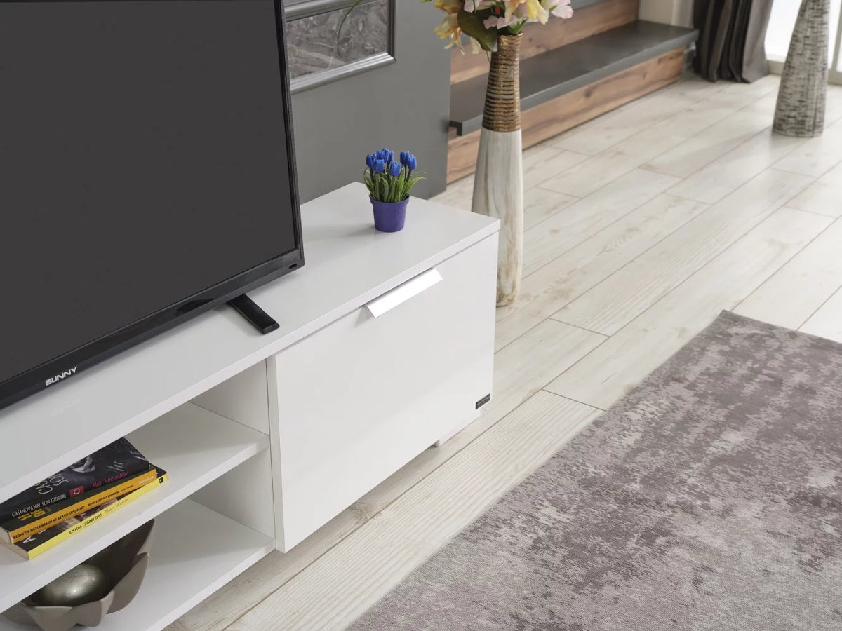 White Mid Century Tv Stand with Shelf L1815