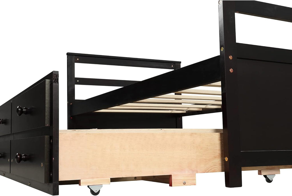 Twin Wood Platform Daybed Frame with Trundle and 3 Storage Drawers O85522