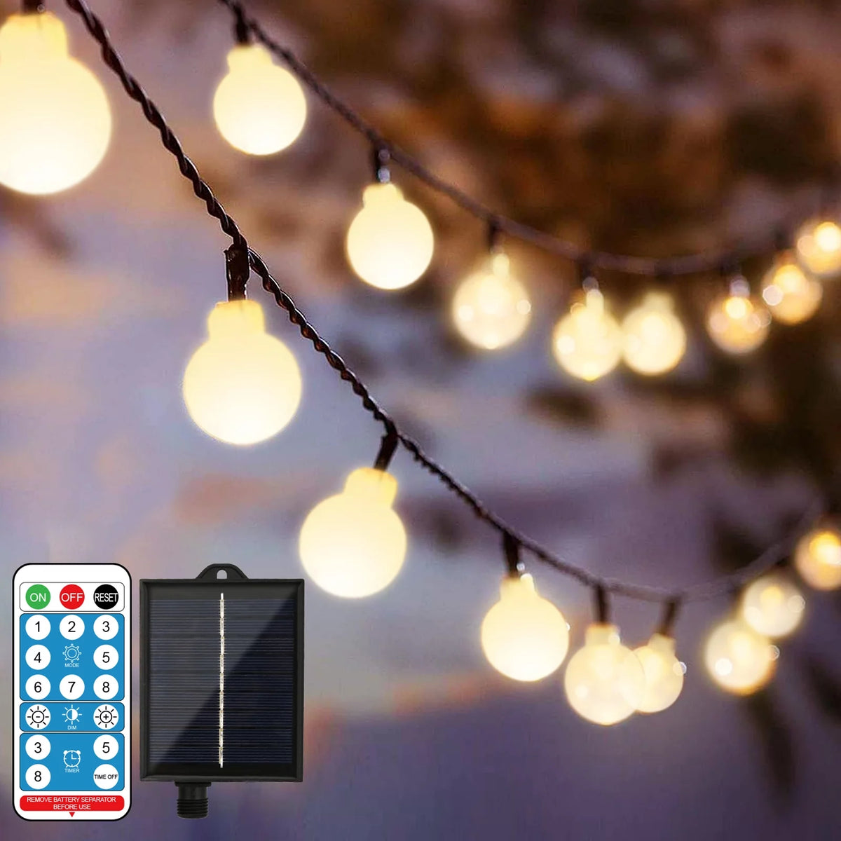 Solar-Powered Globe String Lights 39 ft 100 LED with Remote Control, 8 Modes, Waterproof Warm White T8709