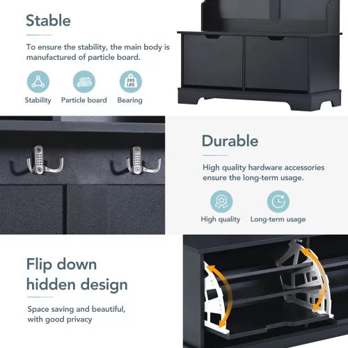 Wood Hall Tree with 2 Flip Shoe Storage Drawers and Storage Bench M349