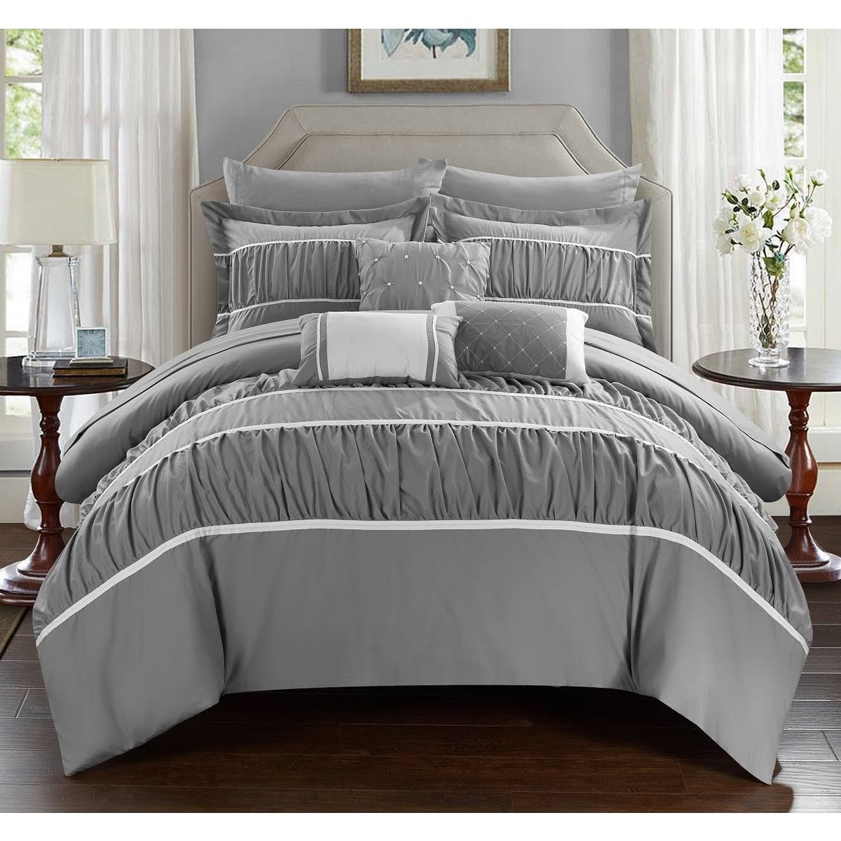 Grey 10-Piece King Bed in A Bag with Sheet Set O724
