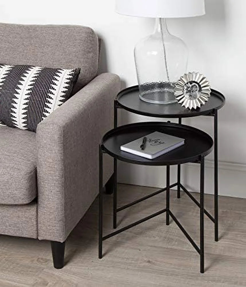Set of 2 Natural Wood and Black Metal End Tables T156