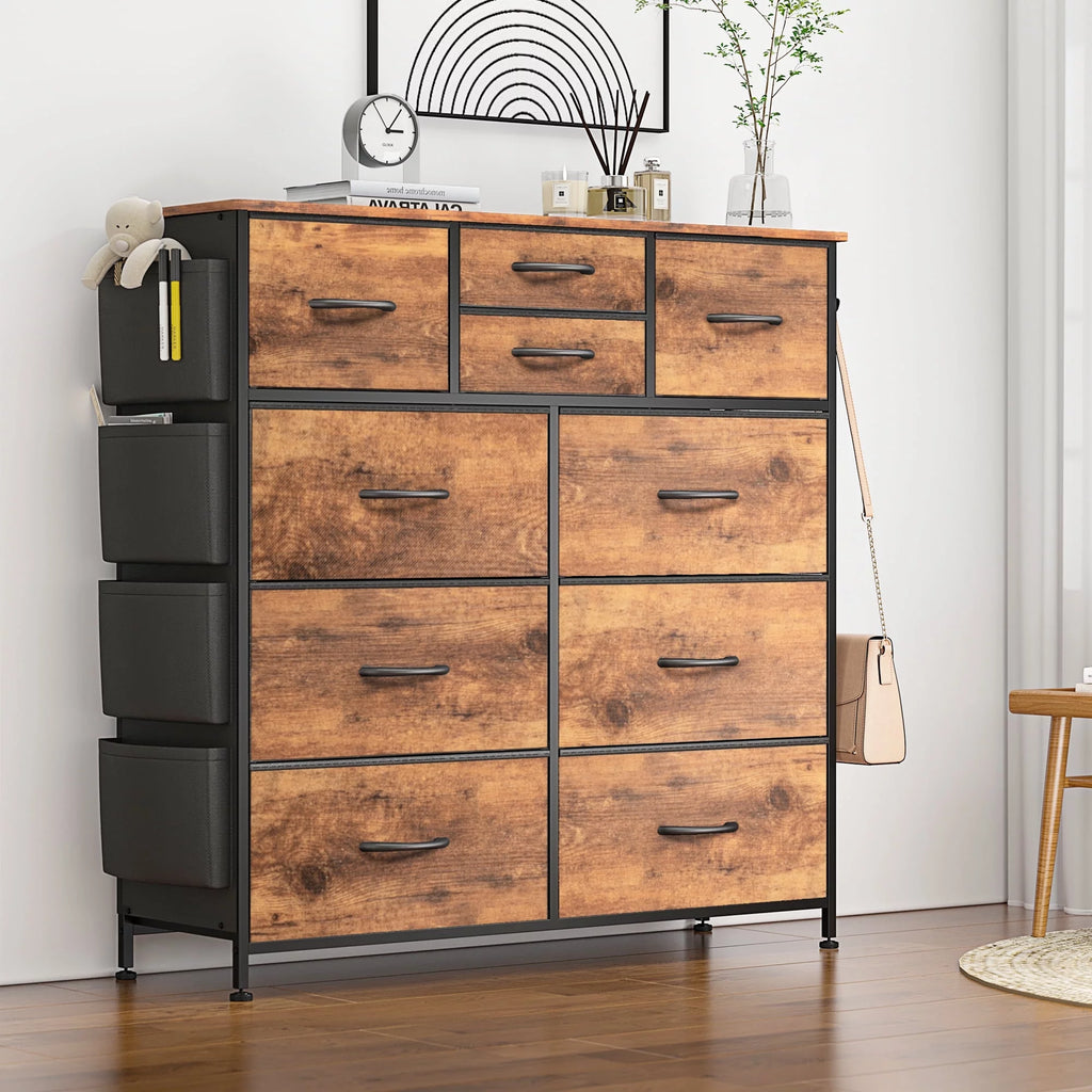 Brown 10 Drawer Dresser with Steel Frame and Wood Top F219036
