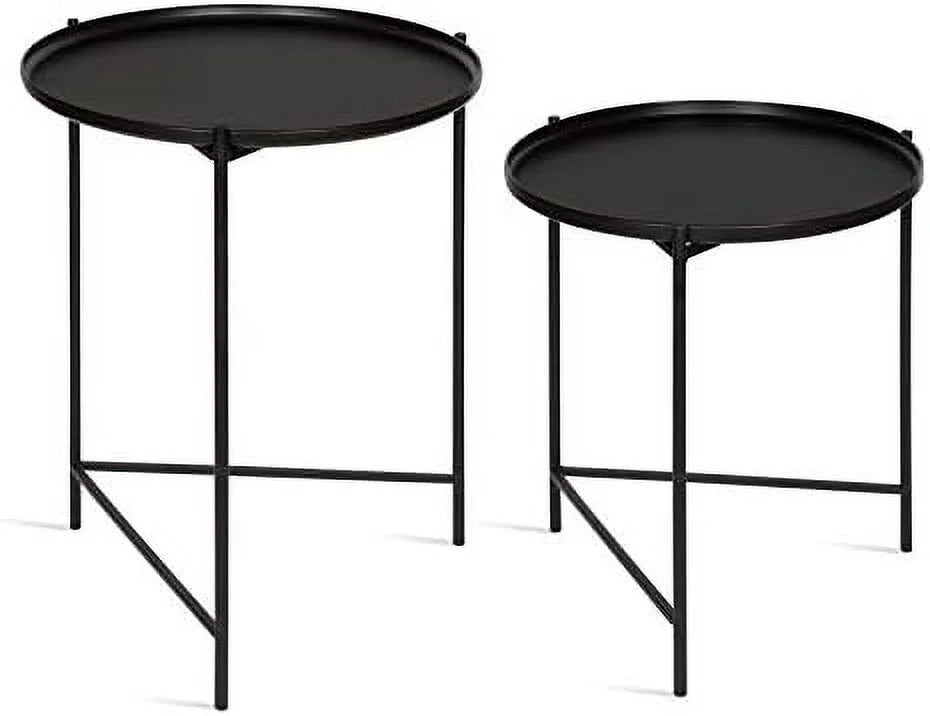 Set of 2 Natural Wood and Black Metal End Tables T156
