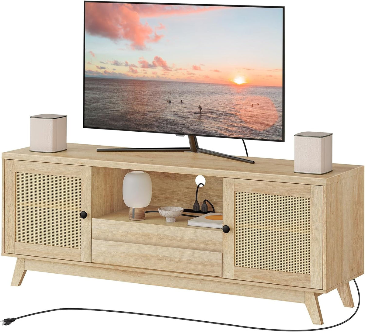 Rattan TV Stand for up to 65 inches TV with Charging Station J3921