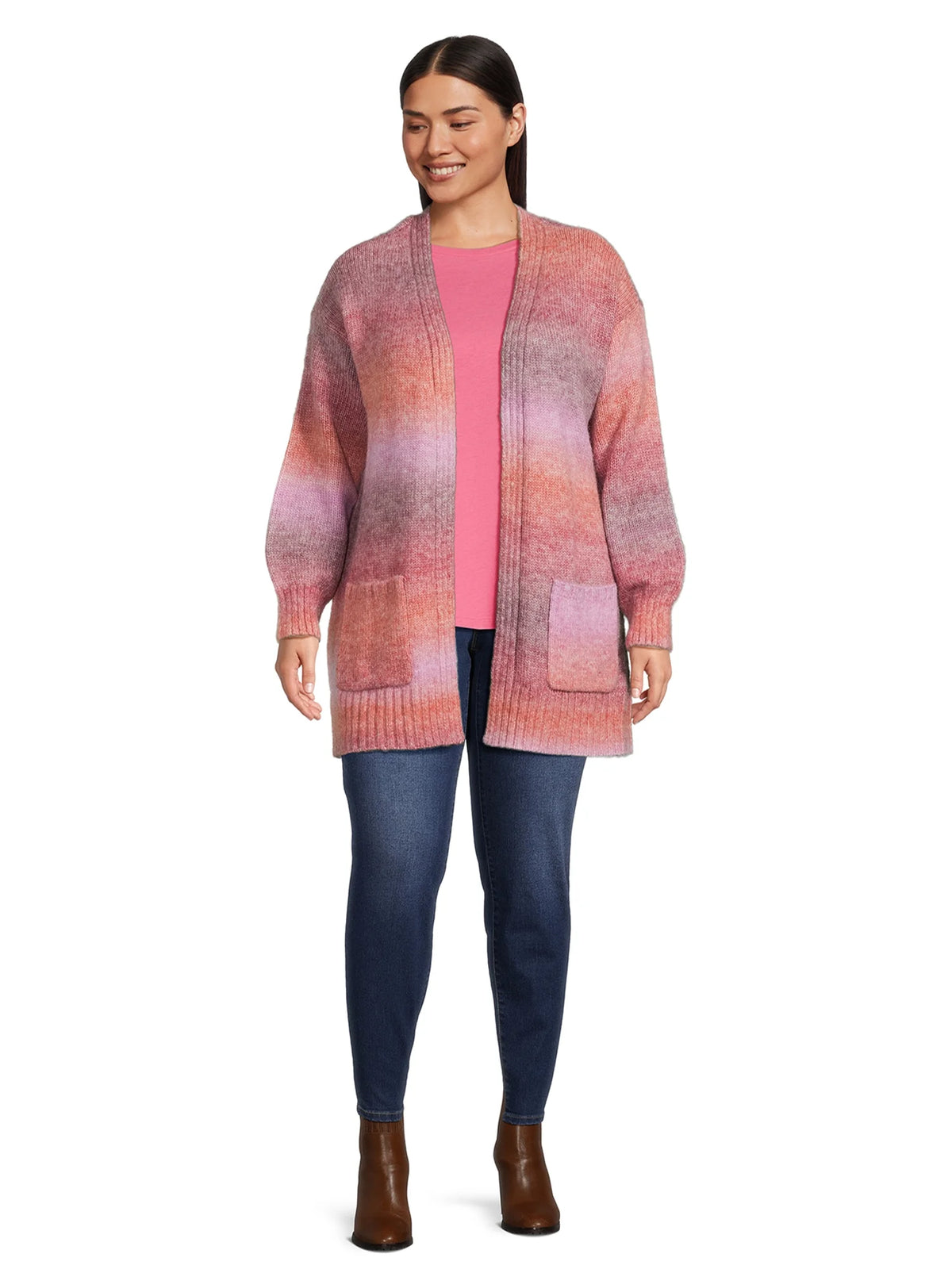Women's Plus Size Drop Shoulder Open Cardigan with Balloon Sleeves V9934